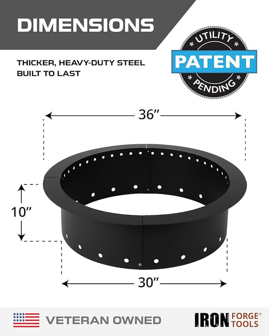 Iron Forge Tools Smokeless Firepit - 36 inch Outer/30 inch Inner Round Fire Ring Insert Liner - Heavy Duty Metal Permanent Outdoor Fire Pit Ring (36x30x10) Utility Patent Pending