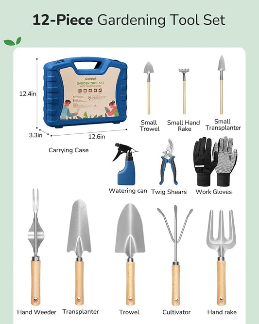 12-Piece Gardening Tool Set for Men, Rust-Proof & Heavy-Duty Hand Garden Tools with Sturdy Blue Carrying Case, Practical & Stylish Gardening Gifts for Men (Blue)