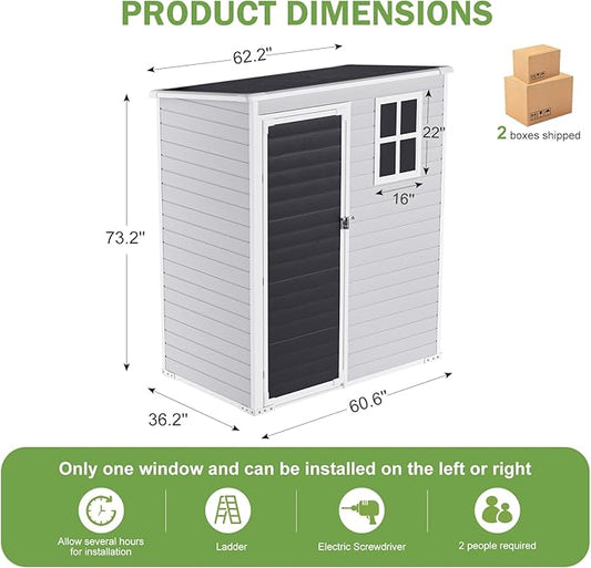 HUSFU 5x3 FT Outdoor Storage Shed with Floor and Lockable Door,Waterproof Resin Tool Shed for Garden, Backyard, Patio,Perfect to Store Patio Furniture,Weather-Resistant, Light Grey