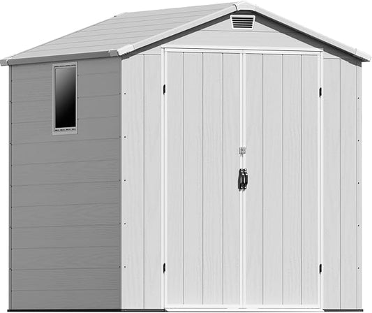 Patiowell 6 x 6 FT Outdoor Storage Shed with Lockable Door & Floor - Resin Garden Tool Shed with Window, Waterproof Easy Assembly for Backyard, Lawn Equipment, Patio Furniture Storage (Light Grey)