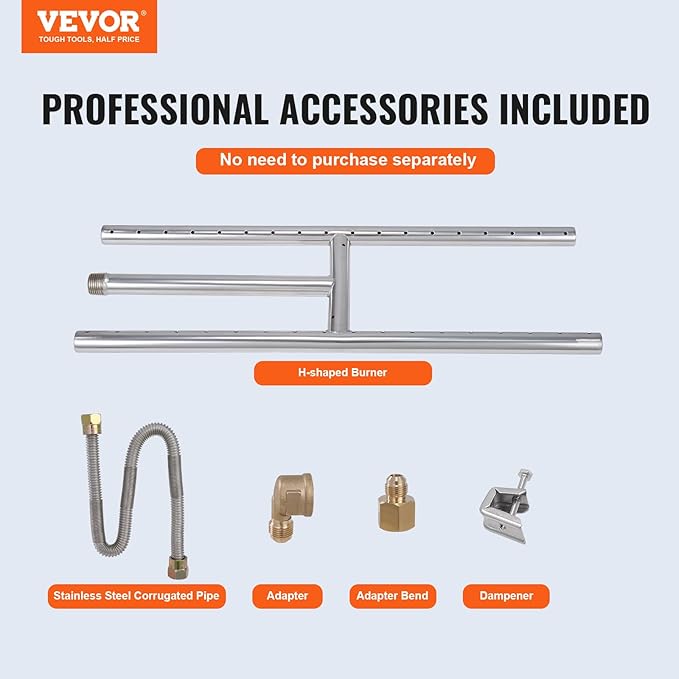 VEVOR 6 x 18 inch Drop-in Fire Pit Pan, Rectangular Stainless Steel Fire Pit Burner, Natural & Propane Gas Fire Pan H-Burner 90,000 BTU for Indoor or Outdoor Use