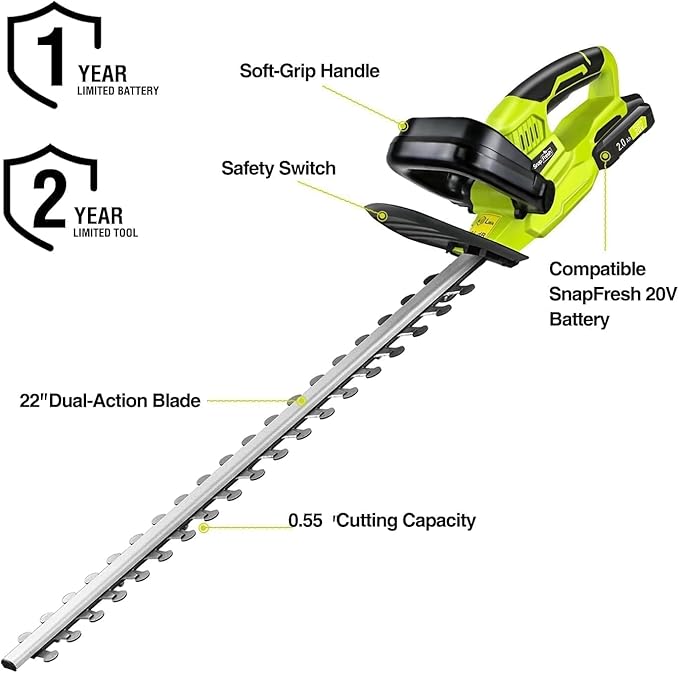 SnapFresh 20V Cordless Hedge Trimmer - 22" Dual-Action Blade,Electric Bush Trimmer,2.0Ah Battery & Fast Charger Included