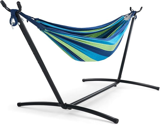 NEWBULIG Double Hammock with Stand, Heavy Duty Portable Hammocks for Outdoor Indoor Patio Camping, Space Saving Design & Carry Bag, Easy Assembly, 450lb Weight Capacity