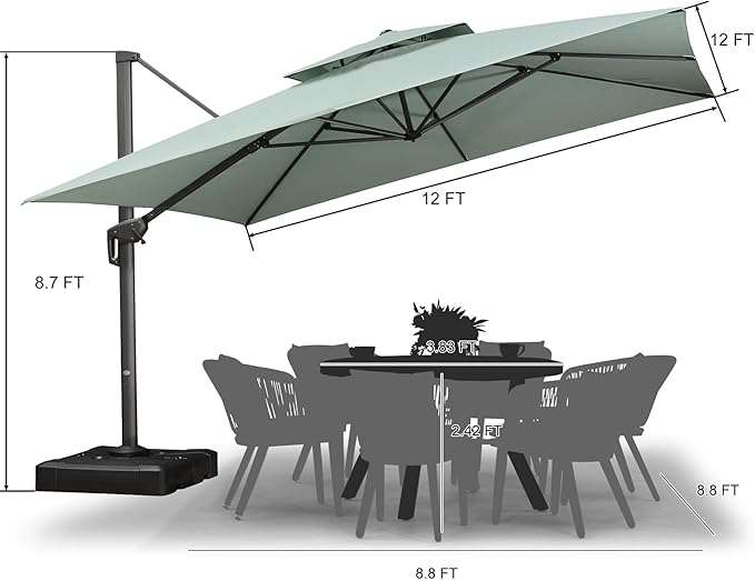 PURPLE LEAF 12 FT Cantilever Umbrella Outdoor Patio Umbrella, Large Offset Square Umbrella, Windproof Heavy Duty Hanging Outside Umbrellas for Patio, Mint Green