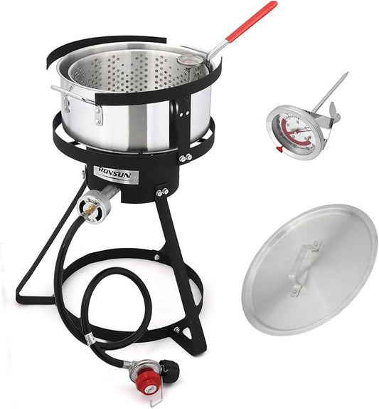 ROVSUN 10Qt Aluminum Fish Fryer Pot with Strainer Basket, Outdoor Fryer with 55,000 BTU Propane Gas Burner, Thermometer & Lid for Fish, Chicken Wings, Seafood Frying & Backyard Cooking
