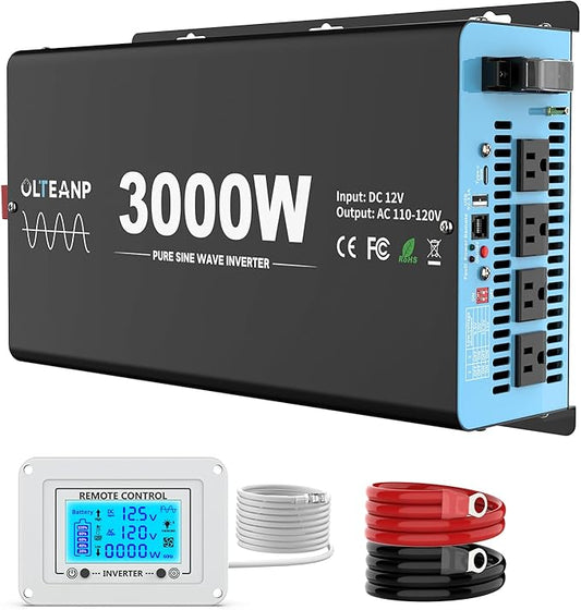 New Upgraded 3000 Watts Pure Sine Wave Inverter, 12V DC to 110V AC Power Inverter with 4 AC Outlets, USB Port, Type-C Port for Truck, Vehicle, Power Outage, Remote Control with LCD Screen