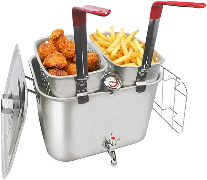 36QT Aluminum Deep Fryer Pot with Baskets &Spigot，Durable Rectangular Fish Fryers with Thermometer，Complete Outdoor Cooking Kit for Frying Fish,Chicken Wings,French Fries,Turkey