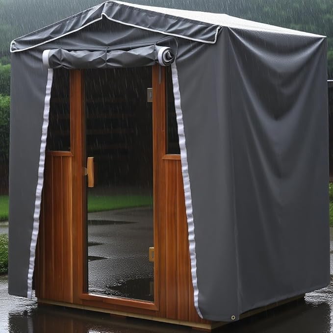 Protective Cover for 4-Person Outdoor Sauna - 3-Layer Oxford Cloth, Hook & Loop Roll-Up Door, Temp Retention & Dustproof - (Only Fits 68.1*52.4*82.7 In & Smaller Outdoor Hillside Roof Outdoor Saunas )