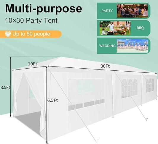 HOTEEL 10x30 Party Tent Outdoor Canopy Tent with Removable Sidewalls, White Tents for Parties Waterproof for Carpas Gazebo Shelter Patio Wedding Events BBQ