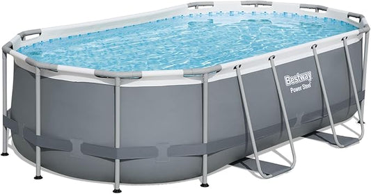 Bestway 56631E-BW Power Steel Oval Frame Above Ground Backyard Summer Swimming Pool Set with Filter Pump and Safety Ladder, 14' x 8' x 39" (Gray)