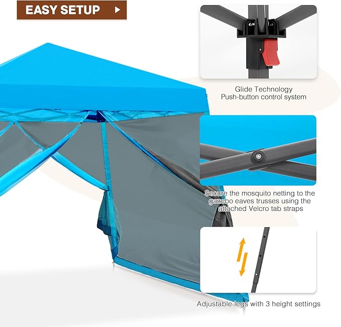 INTER HUT 10x10 Pop up Canopy Tent with Mesh Netting, Slant Leg Instant Screened House Gazebo, Light Blue