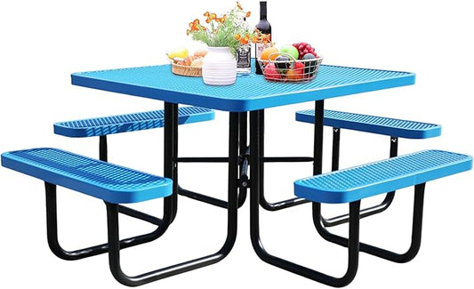 46-Inch Square Outdoor Picnic Table – Commercial Heavy-Duty Steel Dining Table with Thermoplastic Coating, Weather & Rust Resistant, Ideal for Parks, Patios, Schools, Campgrounds (Blue)