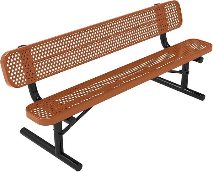 COATEDOUTDOORFURNITURE Heavy-Duty Outdoor Bench Thermoplastic Coated, Punched Steel, Commercial-Grade Seating, Made in America (Portable with Back, 6 Ft, Textured Copper)