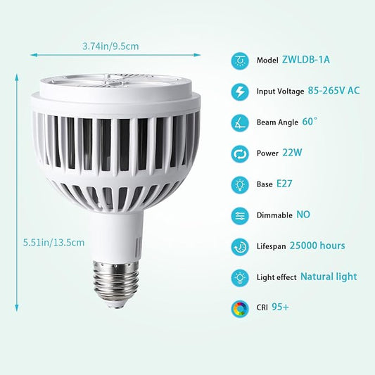 Grow Lights for Indoor Plants, Full Spectrum 4000K, 22W Plant Light Bulb with High PPFD, E27 Base, LED Energy Saving Grow Light Bulb for Seeding and Growing, 2 Pack
