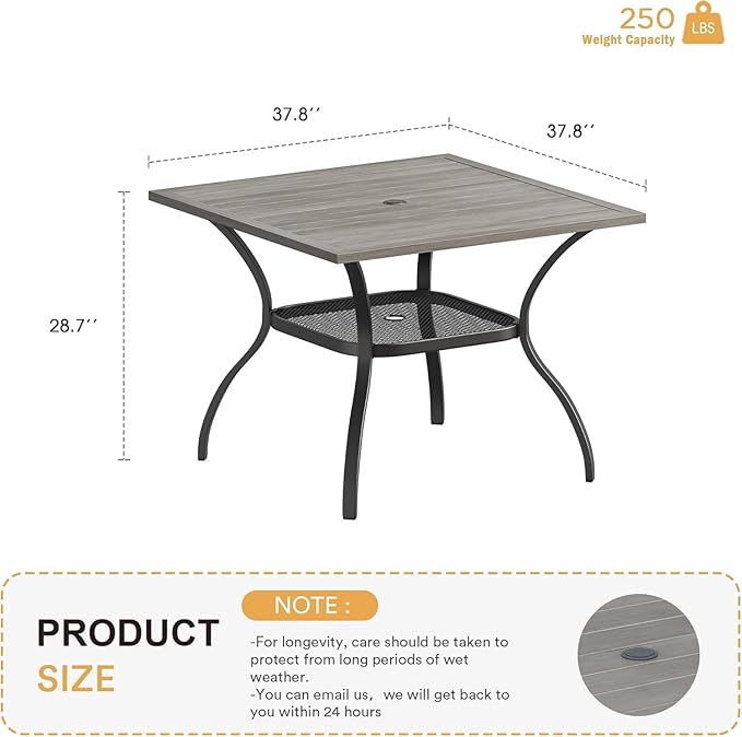 VICLLAX 37.8" Square Outdoor Patio Table, All Weather Metal Outdoor Dining Table for Lawn Garden, Grey Wood-Like Tabletop