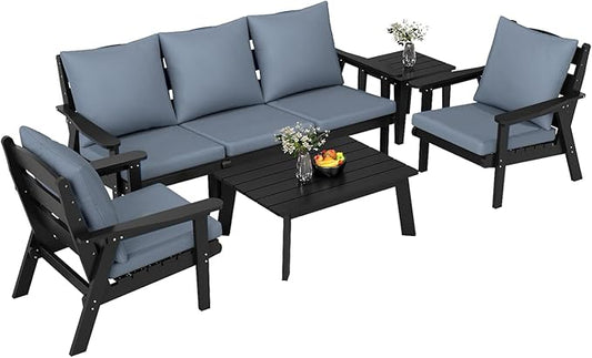 FOOWIN 7-Piece Patio Furniture Set, HDPE All-Weather Outdoor Conversation Set with Thick Cushions, Sectional Patio Sofa Furniture for Deck, Porch, Lawn, Garden, Black Frame & Grey Cushion