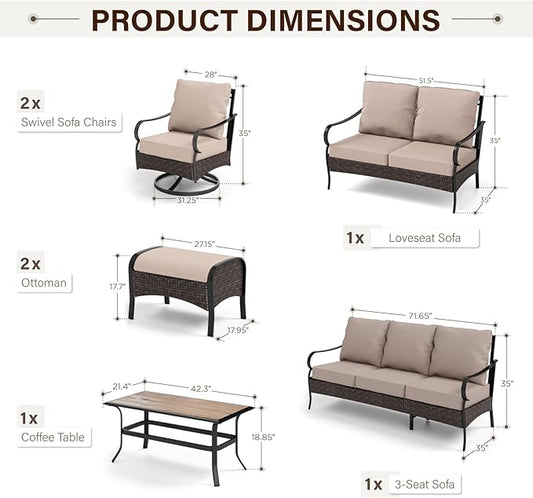 GREEN PARTY Extra Large Outdoor Patio Furniture Set 7 Pieces for 9, Modern Metal Patio Conversation Sets with High Back 3-Seat Sofa & Loveseat Sofa, 2 Swivel Chairs, 2 Ottoman, 1 Coffee Table