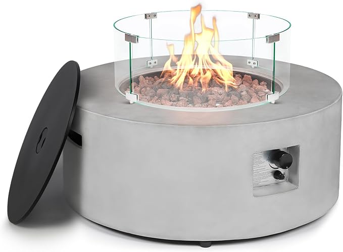 36inch Round Concrete Fire Pit Table with Glass Wind Guard Propane 50,000 BTU Outdoor Fire Table Modern Firepit CSA Certification Gas Firepits with Steel Lid, Rain Cover for Backyard, Deck