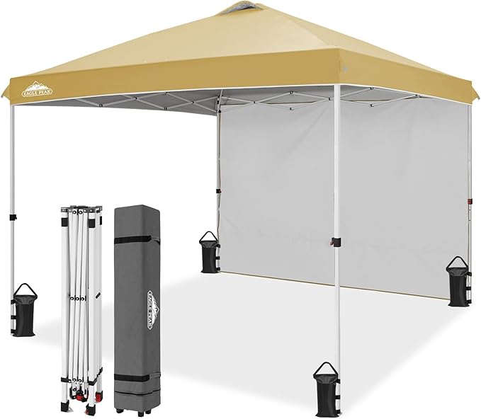 EAGLE PEAK Pop Up Canopy Tent with 1 Sidewall, Easy Setup Event Tent, Outdoor Sun Shade, Wheeled Carry Bag, Stakes and Guy Ropes, Instant Canopy 10x10, Beige