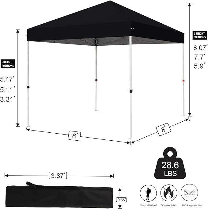 Northroad 8X8 FT Pop Up Canopy, Outdoor Instant Canopy Tent w/Carrying Bag, Portable Gazebo Shelter for Wedding Party,Commercial Event,Patio,Garden,Beach -Black