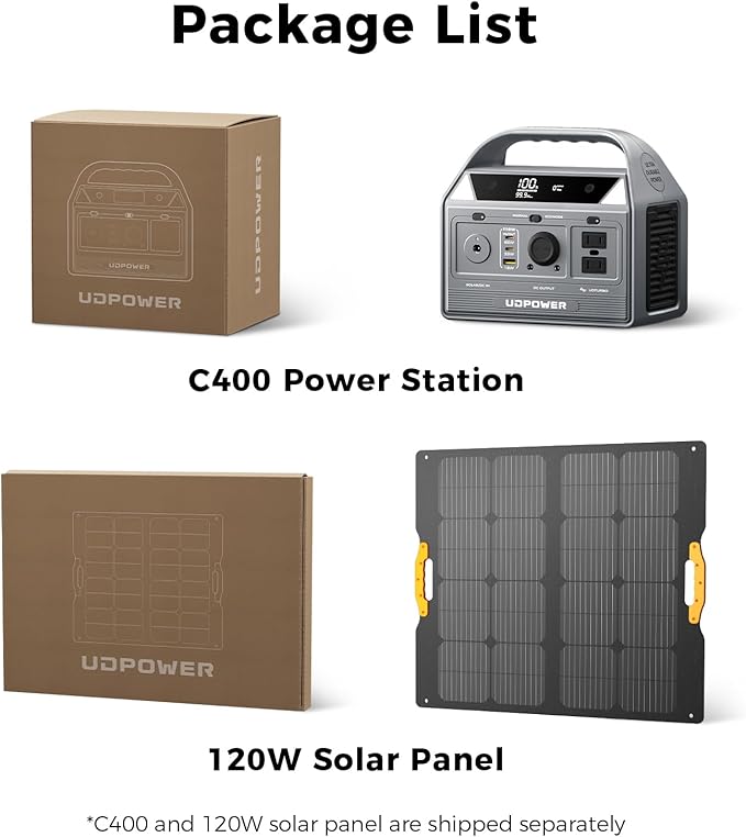 UDPOWER C400 256Wh Solar Generator Kit with 120W Foldable Solar Panel | 400W Portable Power Station + Fast Solar Charging for Camping, RV, Emergencies