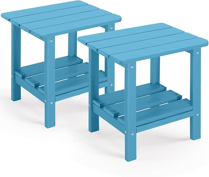 Set of 2 Outdoor Side Table, 2-Tier Small Patio End Table, Weather Resistant HDPE Adirondack Outdoor End Tables for Garden, Lawn, Pool, Beach, Porch, Deck, Backyard - Square, Blue
