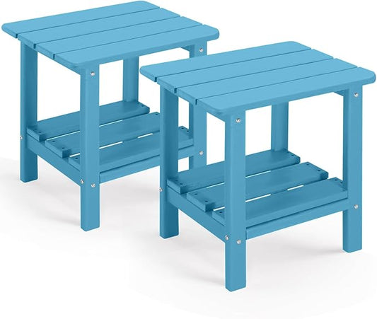 Set of 2 Outdoor Side Table, 2-Tier Small Patio End Table, Weather Resistant HDPE Adirondack Outdoor End Tables for Garden, Lawn, Pool, Beach, Porch, Deck, Backyard - Square, Blue