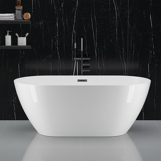 67" Free Standing Tub, Acrylic Soaking Bathtub, Stand Alone Freestanding Tub with Matte Sliver Drain and Overflow, Contemporary Bathtub for Bathroom, Gloss White
