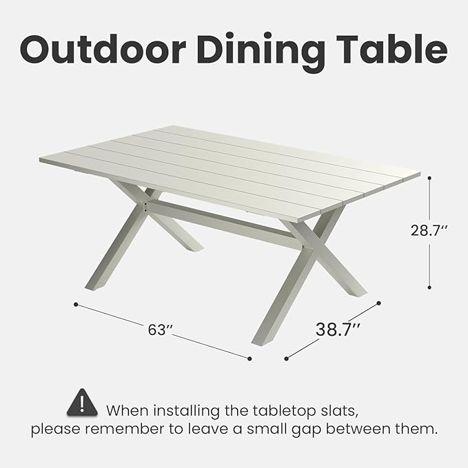Aeeiua 63" x 38" Outdoor Dining Table, Rectangle Patio Table with Slatted Tabletop for Backyard, Garden, Deck, Poolside
