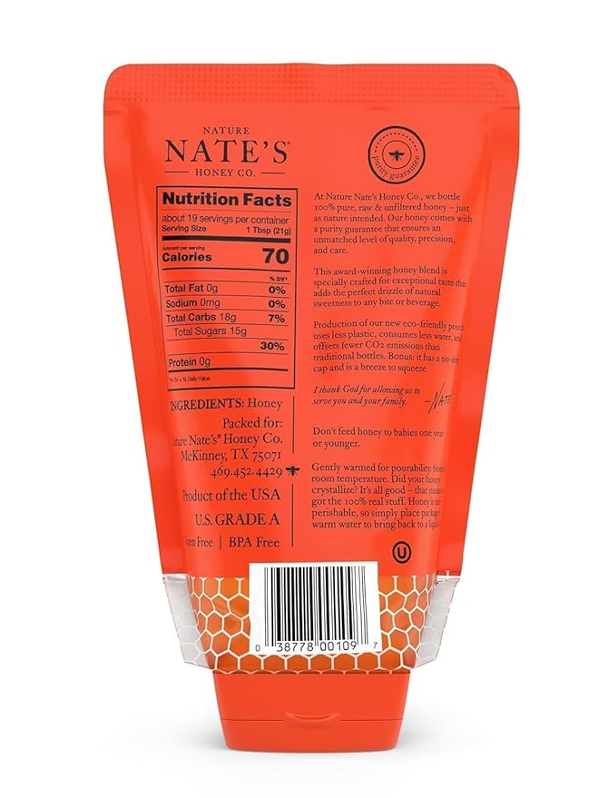 Nate's 100% Pure, Raw & Unfiltered Honey, No-Drip Sustainable Squeeze Pouch; Purity Guarantee, No Additives, 14 Ounce