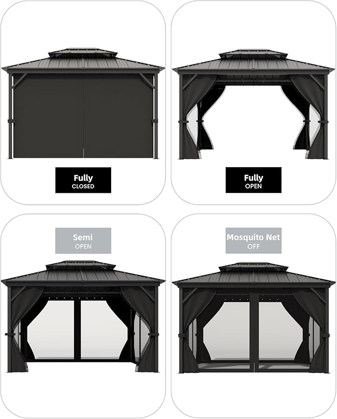 GarveeLife Hardtop Gazebo 10 ft x12 ft for All Weather, with Waterproof Double Metal Roof, Aluminum Alloy Frame, Net, and Curtain, Permanent Building for Patio, Deck, Backyard, Lawn, and Garden