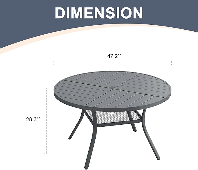 VICLLAX Round Patio Dining Table, 4-6 Person Metal Outdoor Dining Table with Umbrella Hole and Storage Shelf for Garden Lawn Deck, 47.2" Dark Grey