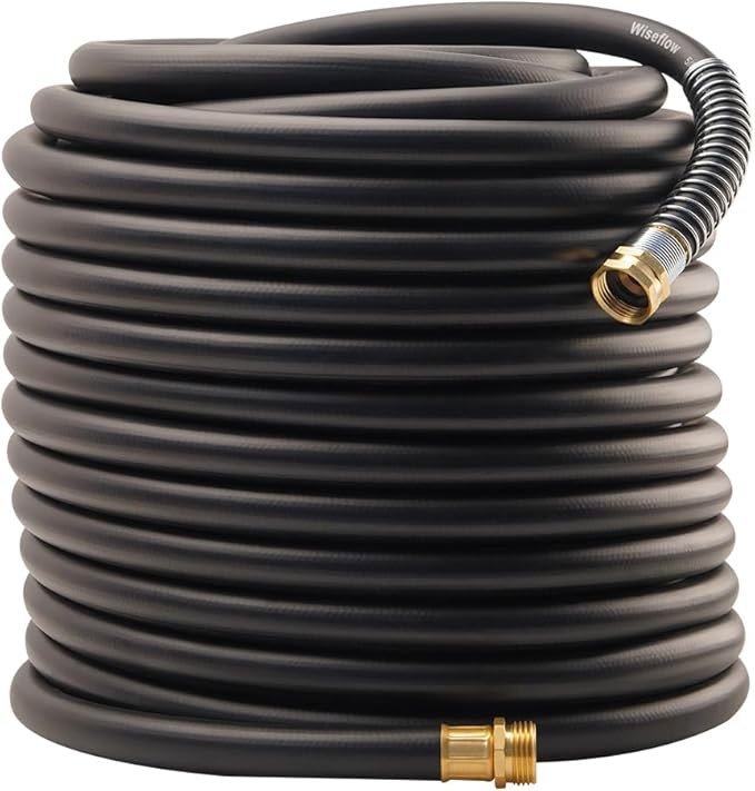 WiseFlow Garden Hose 150FT x 5/8", Heavy Duty Rubber Hose, Water Hose with Five Layered Braiding, Male Female Fittings, 1000PSI Burst, 300PSI Working (Black)