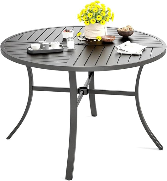 HERA'S HOUSE 42" Round Patio Table with Umbrella Hole, Outdoor Dining Table for 4, Black Metal Table for Deck Lawn Garden Backyard
