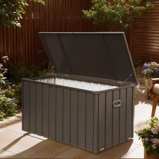 JOSHEN 200 Gallon Outdoor Storage Deck Box with Lockable and Mobile Roller, Large Steel Container Bin with Waterproof and UV Resistant for Garden, Patio, Dark Brown