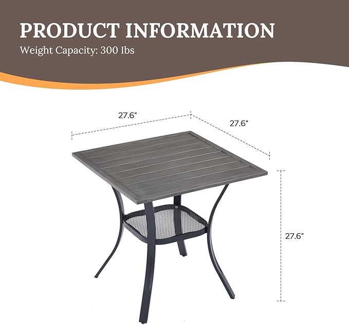 VICLLAX Small Square Outdoor Patio Table, All Weather Metal Outdoor Dining Table for Lawn Garden, 27.5"x 27.5" Patio Table for Outside, Grey Wood-Like Tabletop