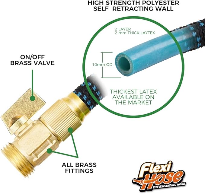 Flexi Hose Expandable Garden Hose with 8 Function Nozzle, 50FT - Lightweight Retractable Garden Hose, Water Hose - No-Kink Flexibility, 3/4 Inch Solid Brass Fittings and Double Latex Core