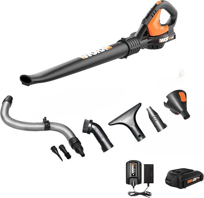 WORX Cordless Leaf Blower, Electric Blowers for Lawn Care with 120 MPH & 3.5 LBS, Long Nozzle Design for Narrow Spaces with Cleaning Attachments, Battery & Charger Included, WG545.1