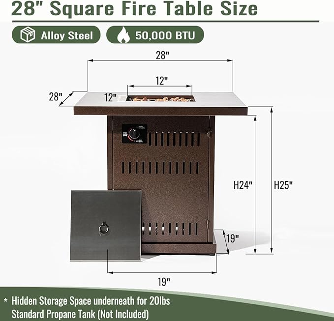 Propane Fire Pit Table, 28" Firepits for Outside, Gas Fire Pit for Outside Patio, Propane Fire Table with Steel Lid, Rocks for Deck, Backyard, 50000BTU, Tank Inside, Tank Not Included, Brown