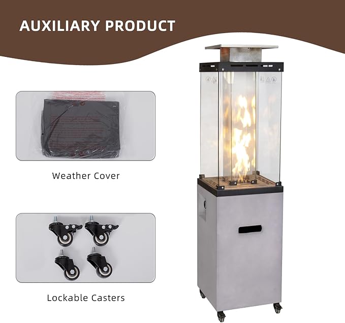 Afterglow Outdoor Patio Propane Fire Heater with Weather Cover Glass 41000 BTU Fireplace Patented & CSA Certificated, Cement Gray