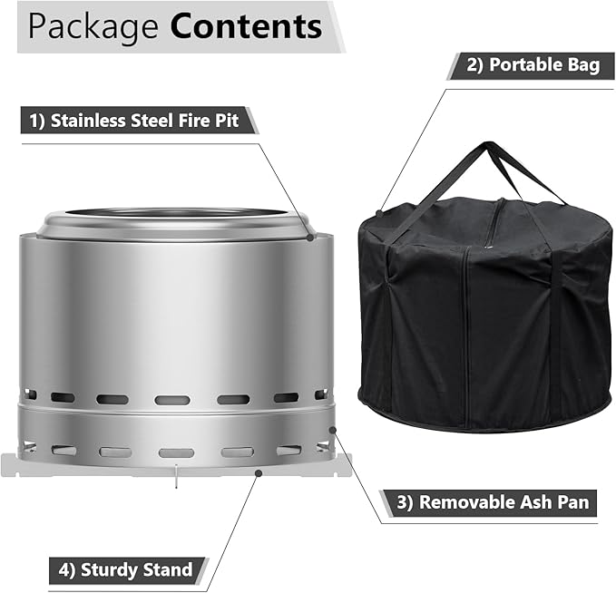 ROOMTEC 15" Smokeless Fire Pit, Portable Outdoor Firepit with Stand and Bag, Easy Clean Wood Burning Fireplaces with Removable Ash Pan, Low Smoke Bonfire for Camping, Patio and Outside