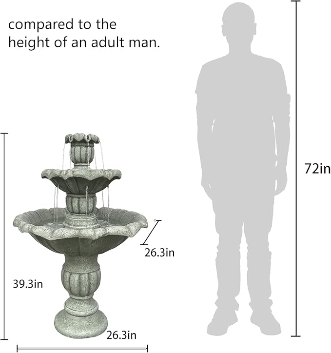ourrco 39.3” H Outdoor Floor Water Fountain, 3-Tiers Concrete Water Fountain with Submersible Electric Pump - Garden Cascading Waterfall for Yard Patio Lawn Home Decor