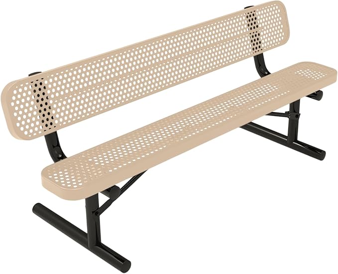 COATEDOUTDOORFURNITURE Coated Outdoor Furniture Heavy-Duty Portable Outdoor Bench Thermoplastic Coated, Punched Steel, Commercial-Grade Seating, Made in America (Portable with Back, 6 Ft, Tan)