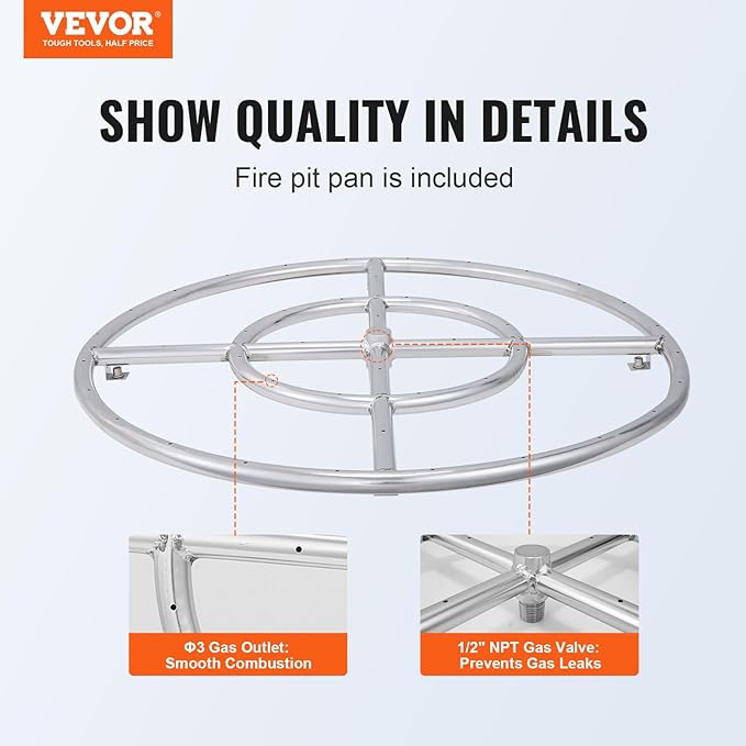 VEVOR 24 inch Round Drop-in Fire Pit Pan, Stainless Steel Fire Pit Burner, Natural & Propane Gas Fire Pan 92,000 BTU, for Indoor or Outdoor Use