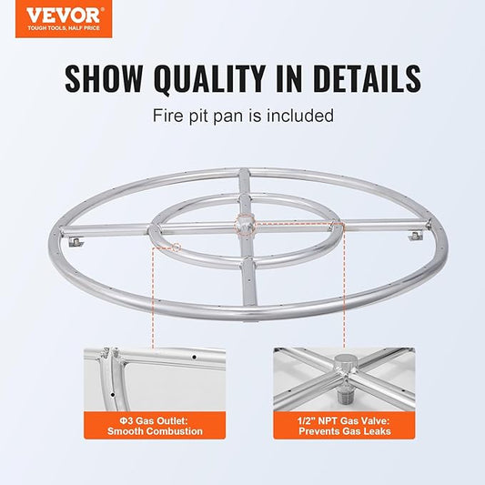 VEVOR 24 inch Round Drop-in Fire Pit Pan, Stainless Steel Fire Pit Burner, Natural & Propane Gas Fire Pan 92,000 BTU, for Indoor or Outdoor Use