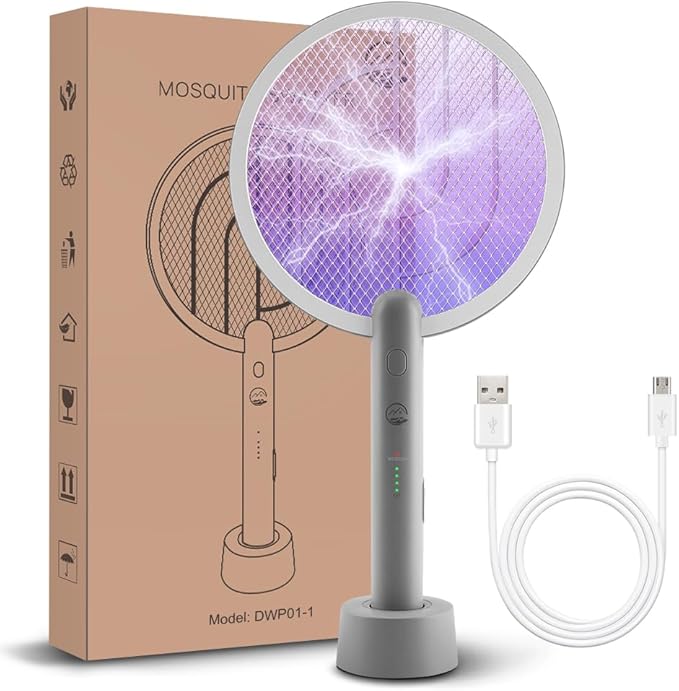 Electric Fly Swatter Racket, Mosiller 2 in 1 Smart Bug Zapper with USB Rechargeable Base, Powerful Mosquitoes Trap Lamp & Fly Killer with 3-Layer Safety Mesh for Home, Bedroom, Kitchen, Patio（1 Pack）