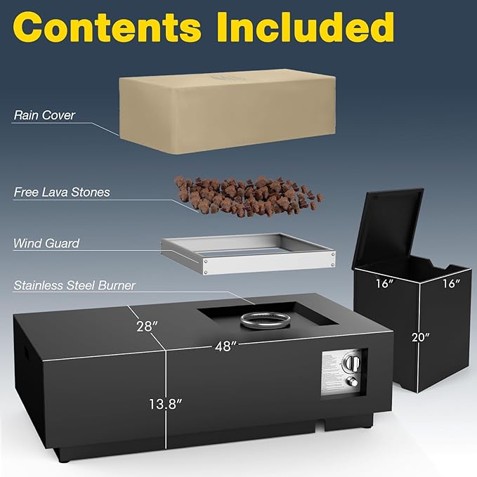 48" Modern Steel Fire Pit Table Set – Low-Profile Propane Gas Fire Table with Tank Cover, 50,000 BTU, for Contemporary Patios & Decks