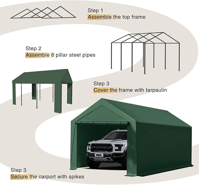 Carport Canopy 10x20 Heavy Duty, Portable Carport Garage with Removable Sidewalls and Door, Car Port with Waterproof Canopy for All Season (Green)