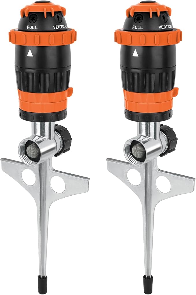 [2 Pack] RESTMO Gear Drive Sprinkler with Metal Spike Base, 5-Pattern Heavy Duty Gardening Watering System, Multi-Adjustable Lawn Sprinkle for Garden Plant, Flower Bed and Large Yard Area, Orange