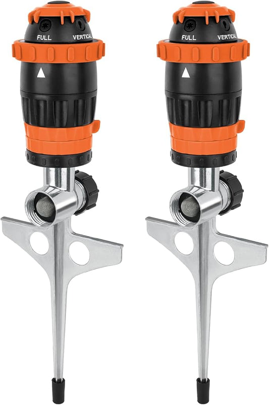 [2 Pack] RESTMO Gear Drive Sprinkler with Metal Spike Base, 5-Pattern Heavy Duty Gardening Watering System, Multi-Adjustable Lawn Sprinkle for Garden Plant, Flower Bed and Large Yard Area, Orange